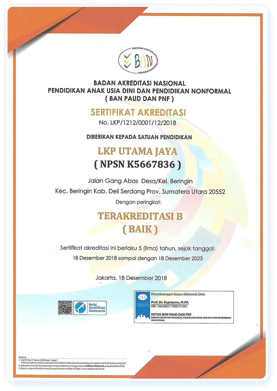 Sertifikat Akreditasi LKP Utama Jaya